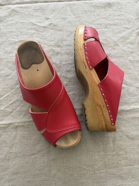 Troentorp Clogs Red Leather Strappy Studded Slip On Wedges Sandals Women's EU 37